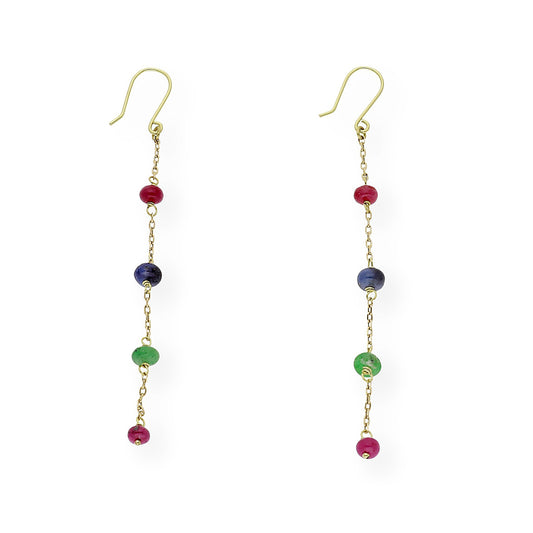 Pendientes en Oro de Ley 18K con Cadena de Rubíes, Zafiros y Esmeraldas