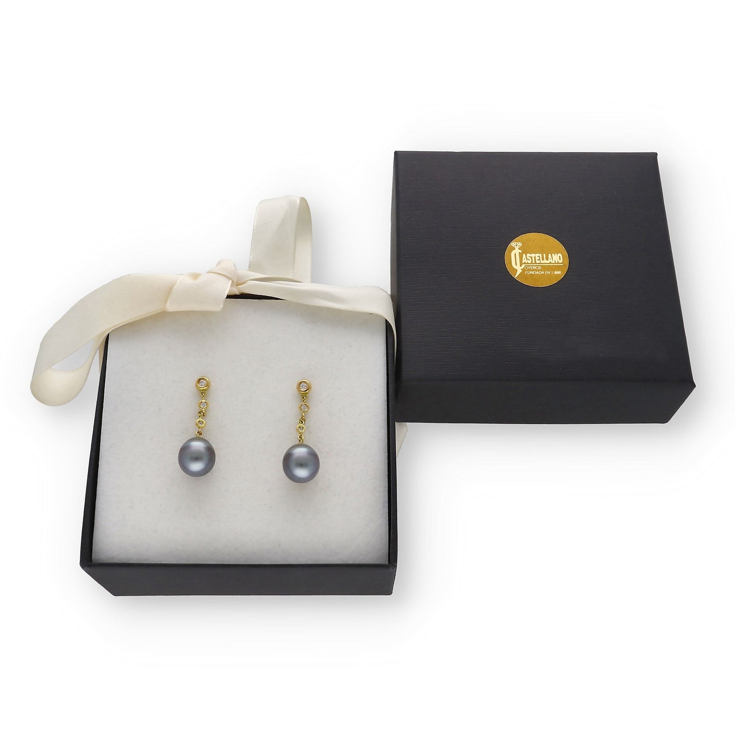 Pendientes Triadama en Oro de Ley 18K con Diamantes y Perlas Tahití