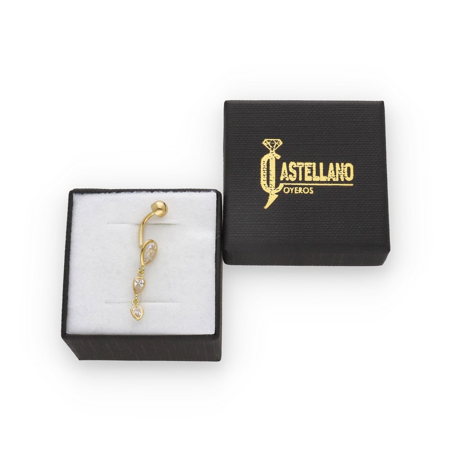 Piercing de Ombligo en Oro de Ley 18K con 3 Circonitas Colgantes