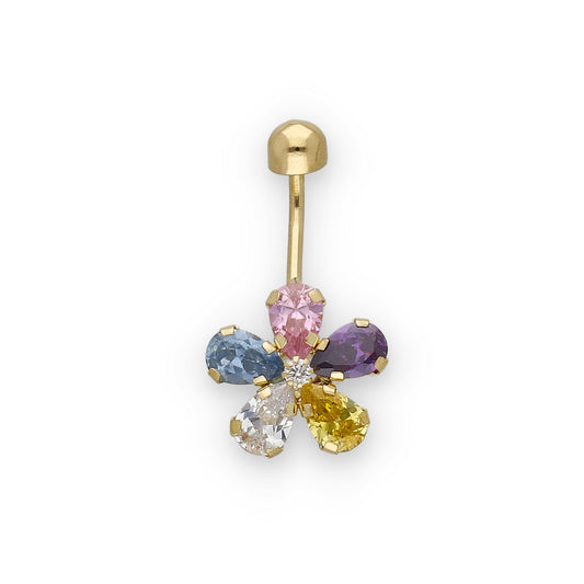 Piercing de Ombligo en Oro de Ley 18K con Flor de Circonitas de Colores