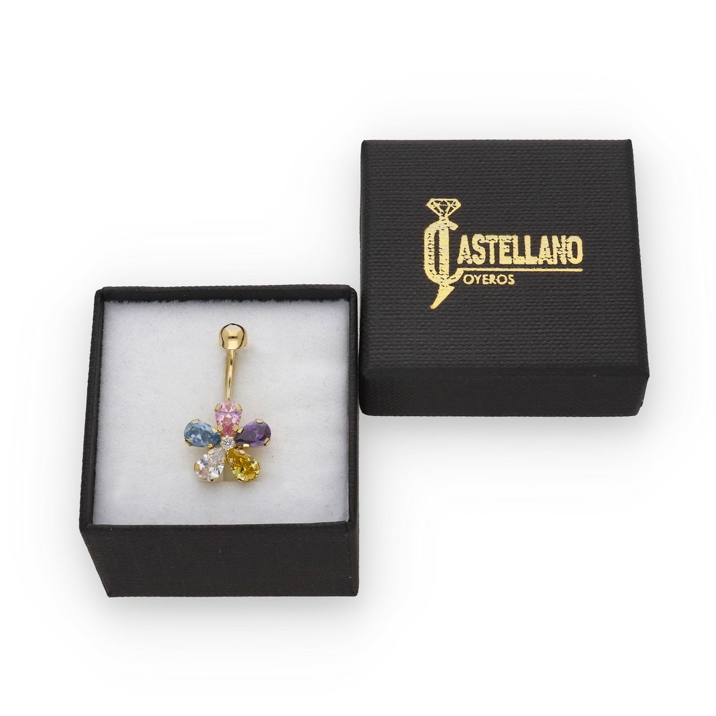 Piercing de Ombligo en Oro de Ley 18K con Flor de Circonitas de Colores