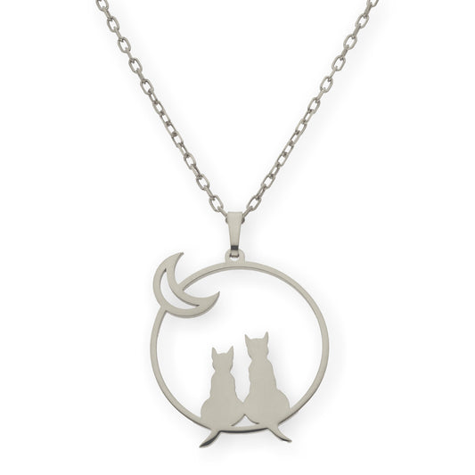 Collar con Colgante de Gatos y Luna en Plata de Ley 925
