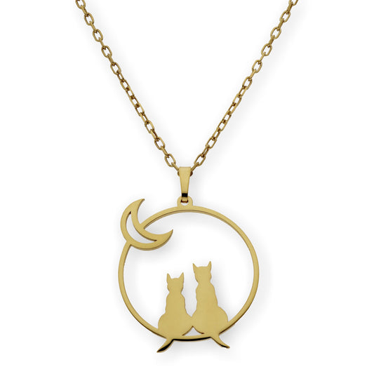 Collar con Colgante de Gatos y Luna en Plata de Ley 925 Bañada en Oro 18K