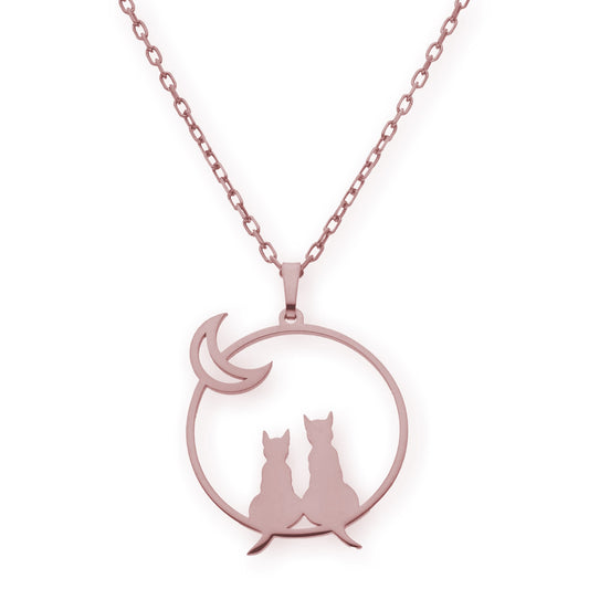 Collar con Colgante de Gatos y Luna en Plata de Ley 925 Bañada en Oro Rosa 18K