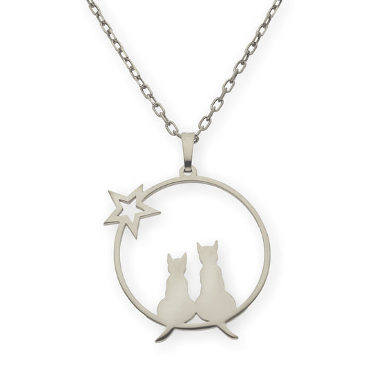Collar con Colgante de Gatos y Estrella en Plata de Ley 925