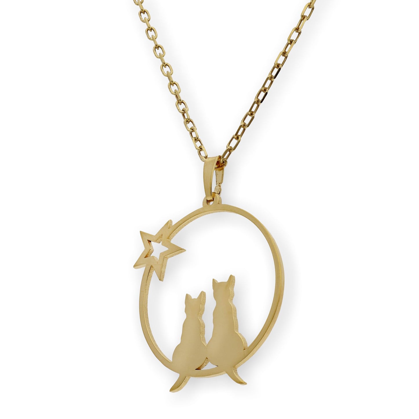 Collar con Colgante de Gatos y Estrella en Plata de Ley 925 Bañada en Oro 18K