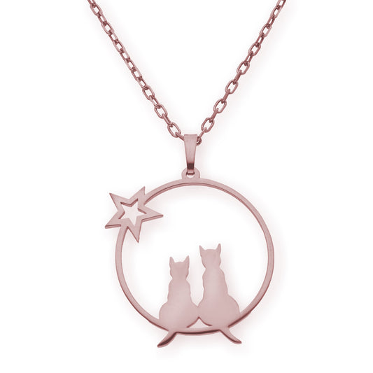 Collar con Colgante de Gatos y Estrella en Plata de Ley 925 Bañada en Oro Rosa 18K