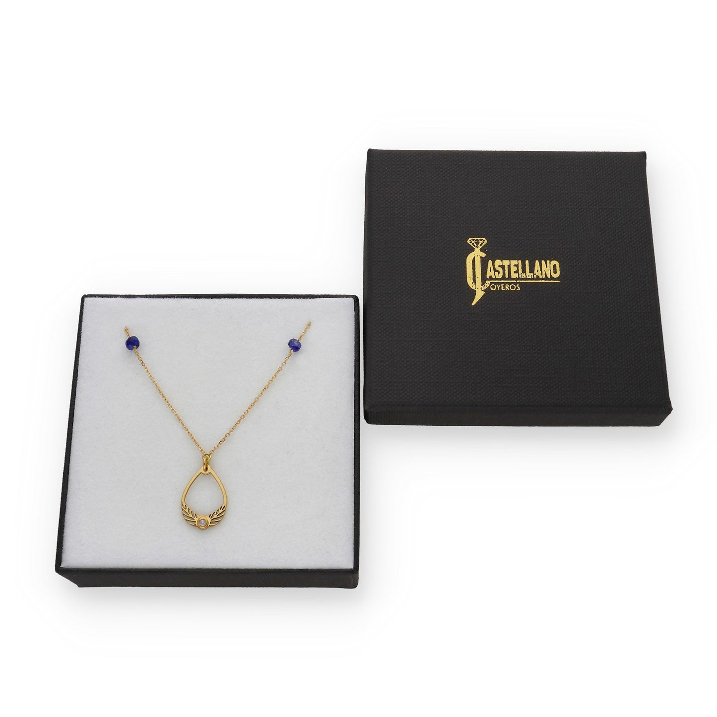 Gargantilla Alas con Diamante central y Zafiros en Oro de Ley 18K