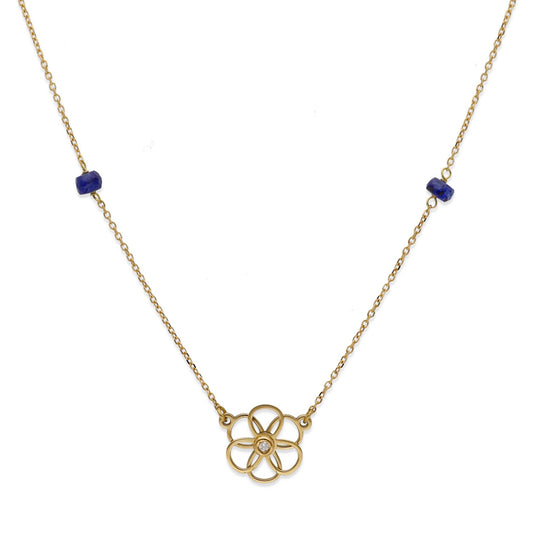 Gargantilla Flor 6 pétalos con Diamante central y Zafiros en Oro de Ley 18K