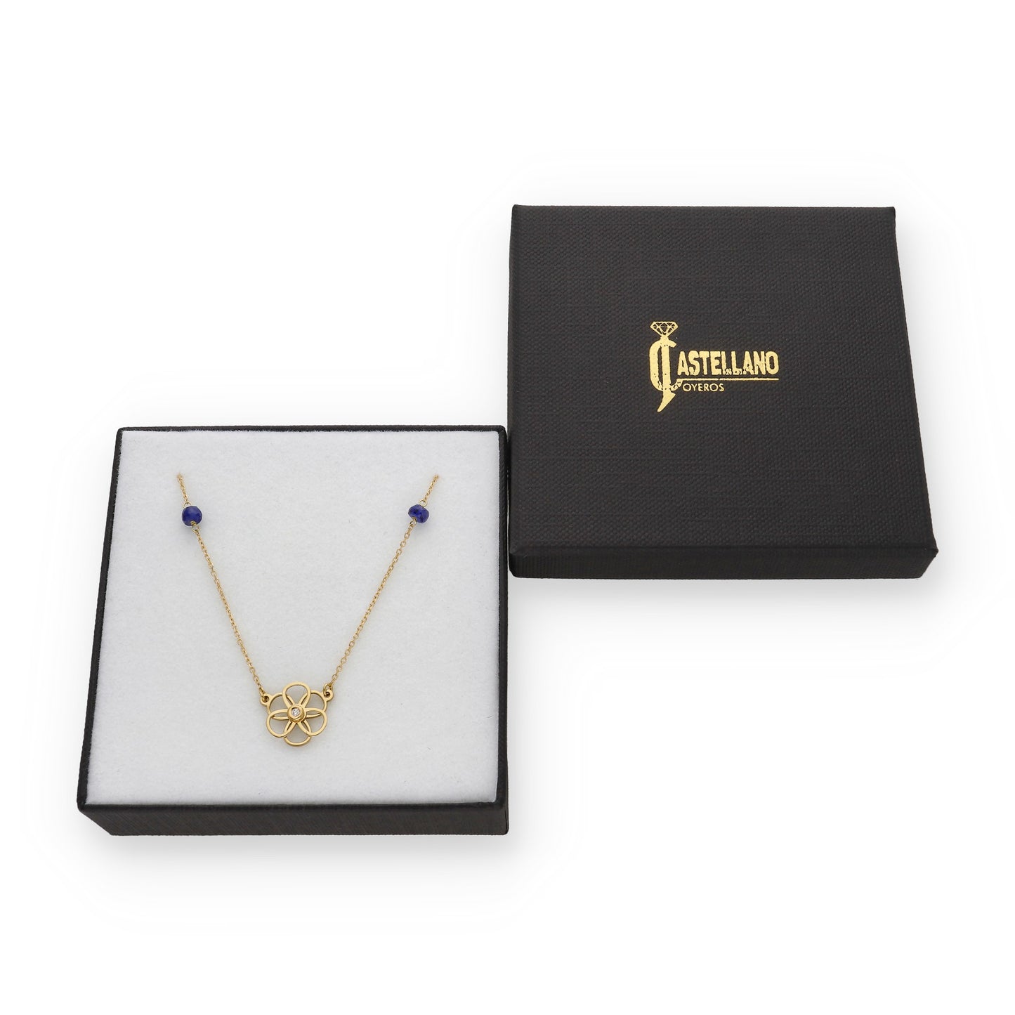 Gargantilla Flor 6 pétalos con Diamante central y Zafiros en Oro de Ley 18K