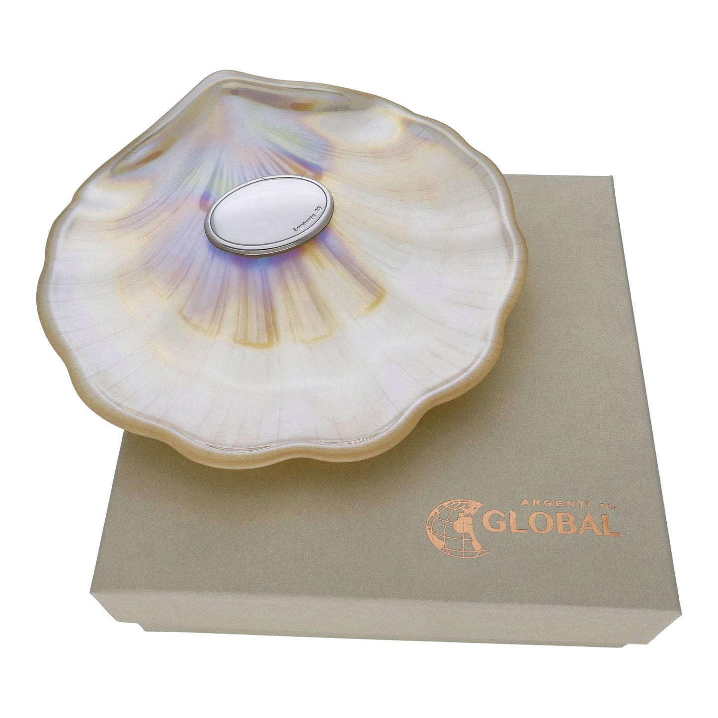 Concha de Bautismo Cristal Nacarado Color Beige Bilaminada Plata