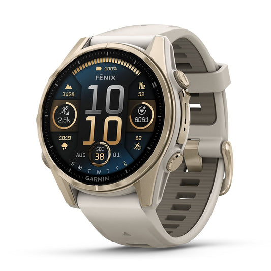 Reloj Garmin Fenix 8 - 43mm AMOLED Sapphire, Dorado con Correa Beige 010-02903-11