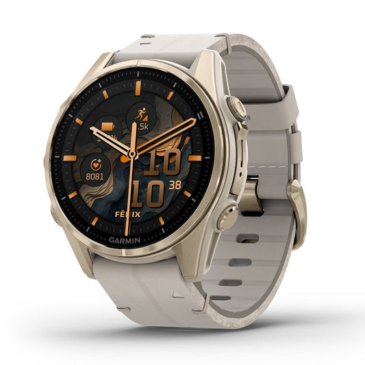 Reloj Garmin Fenix 8 - 43mm AMOLED Sapphire, Dorado con Correa Cuero Beige 010-02903-40