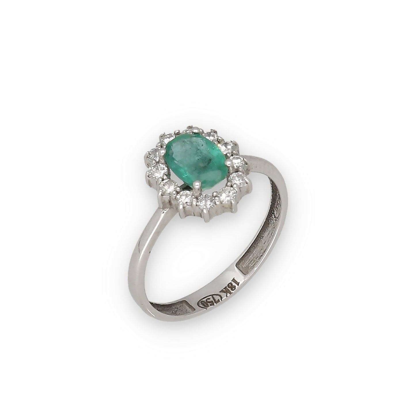 Anillo Lady Di Oro Blanco 18k con Esmeralda Central y Diamantes