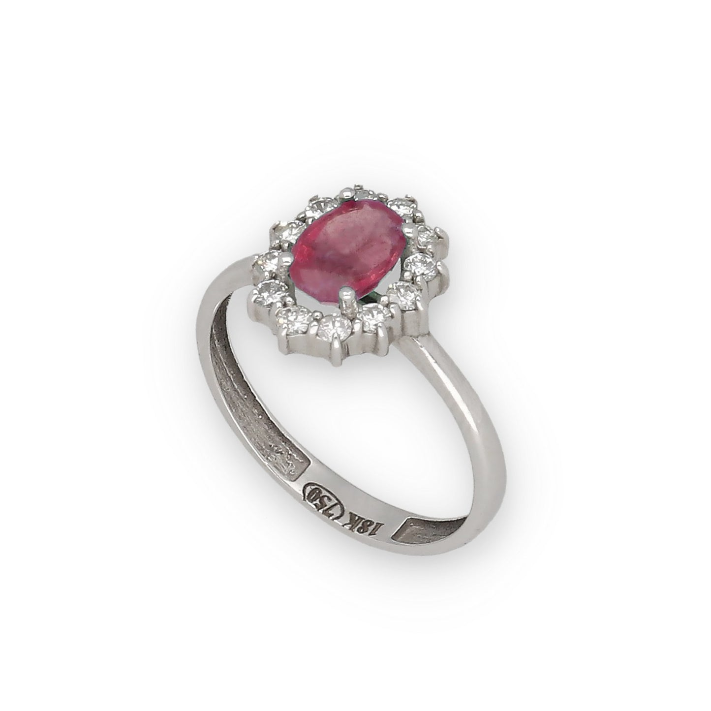 Anillo Lady Di Oro Blanco 18k con Rubí Central y Diamantes