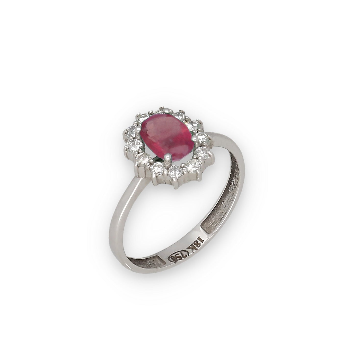 Anillo Lady Di Oro Blanco 18k con Rubí Central y Diamantes