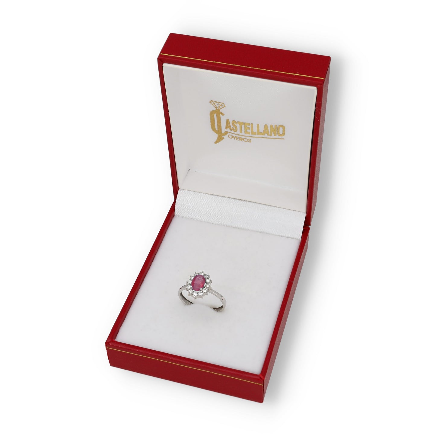 Anillo Lady Di Oro Blanco 18k con Rubí Central y Diamantes