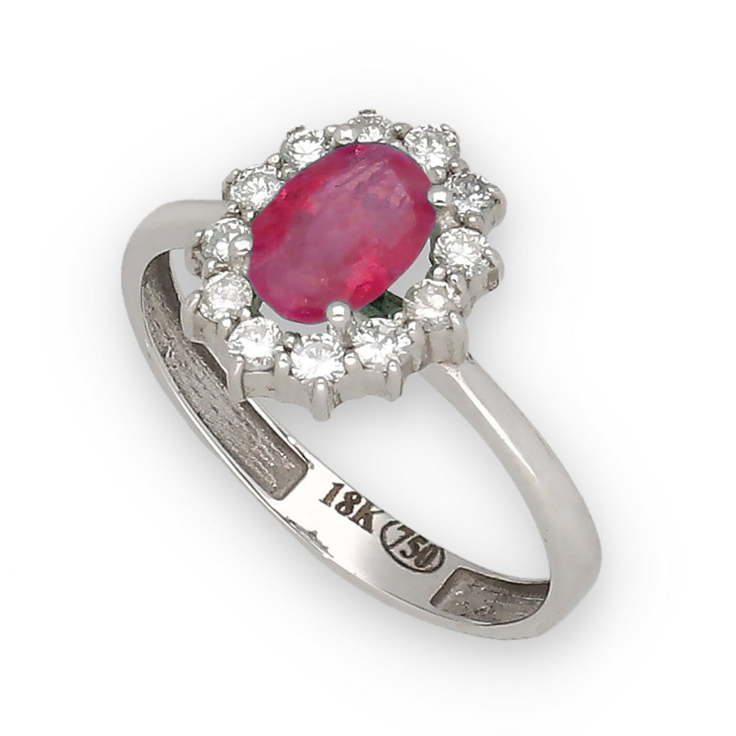Anillo Lady Di Oro Blanco 18k con Rubí Central y Diamantes
