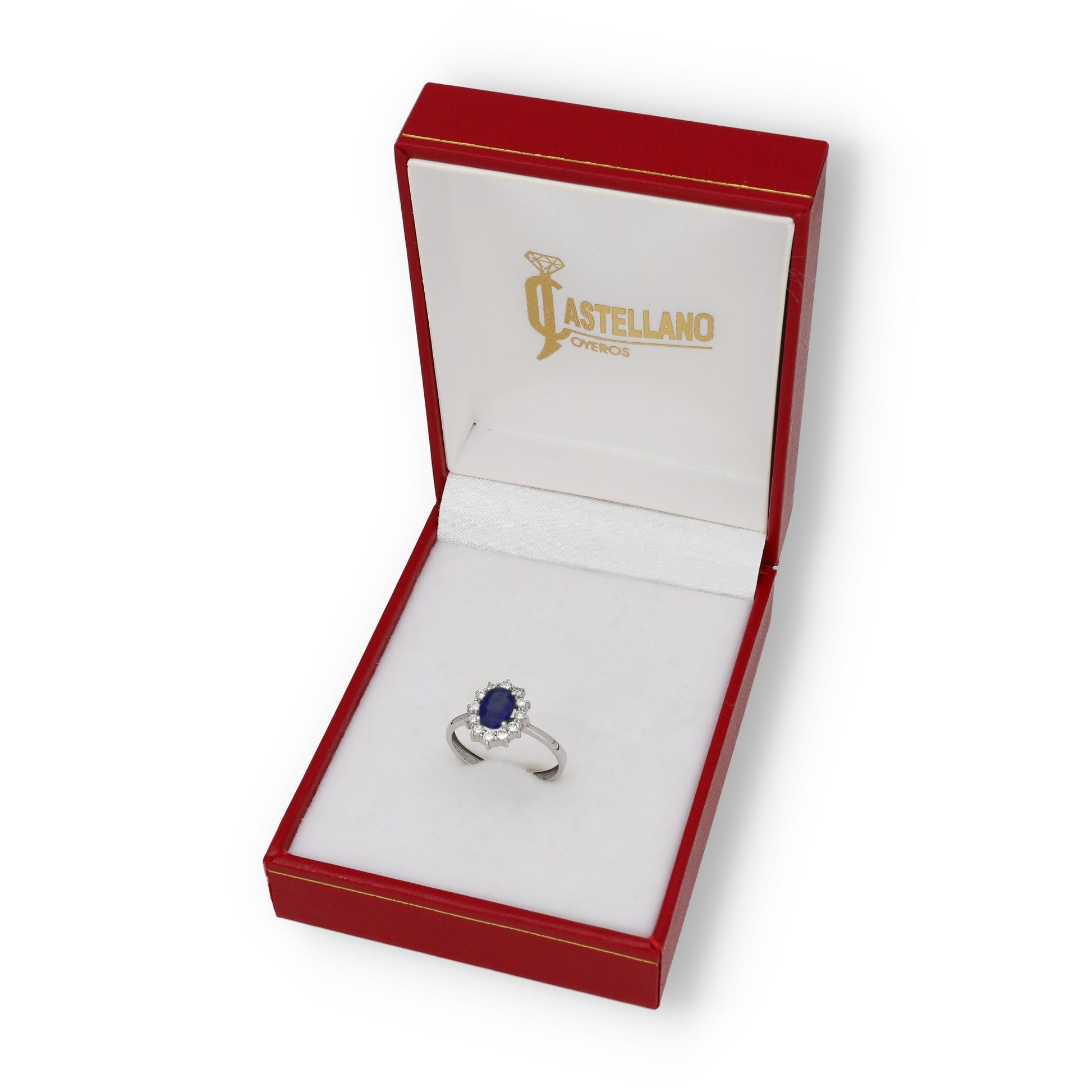 Anillo Lady Di Oro Blanco 18k con Zafiro Central y Diamantes