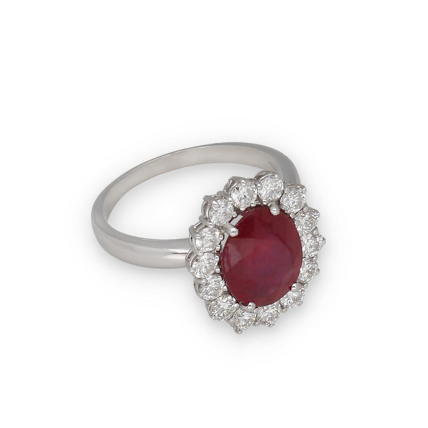 Anillo Lady Di Oro Blanco 18k con Rubí Central y 14 Diamantes