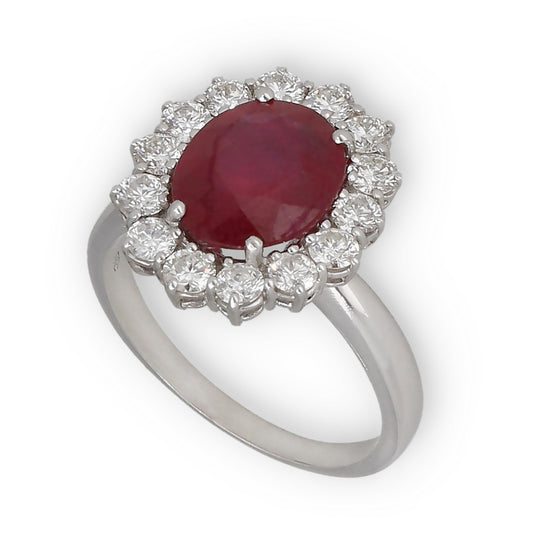 Anillo Lady Di Oro Blanco 18k con Rubí Central y 14 Diamantes