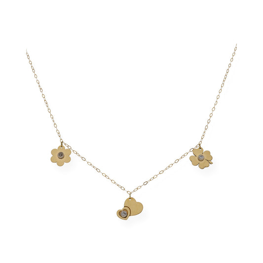 Collar con Forma de Corazón Trébol y Flor en Oro y Diamante
