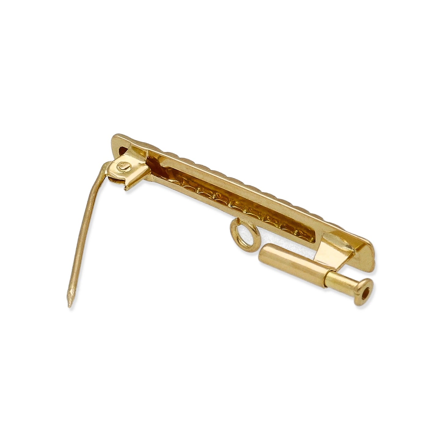 Imperdible Bebé de Barra Mate con Bordes Ornamentados en Oro Amarillo 18K