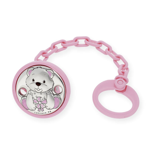 Pinza Chupete bebé Plata bilaminada Oso Rosa