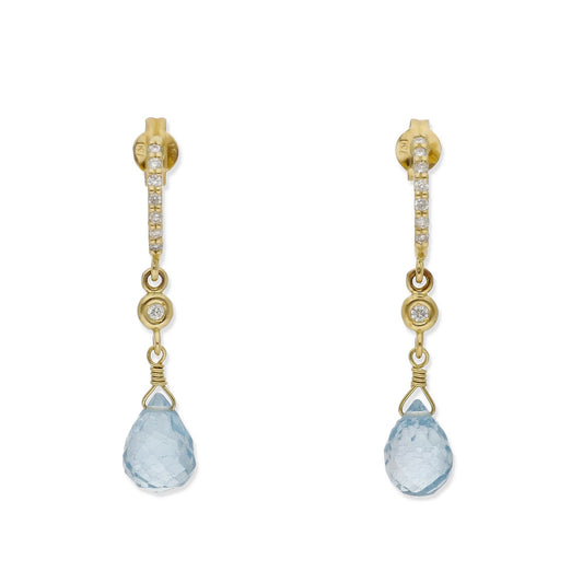 Pendientes Diletto en Oro 18K con Topacio Azul Facetado y Medio Aro de Diamantes