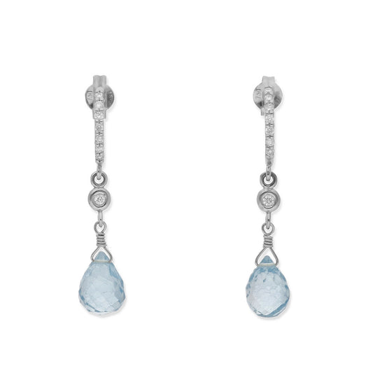 Pendientes Diletto en Oro Blanco 18K con Topacio Azul Facetado y Medio Aro de Diamantes