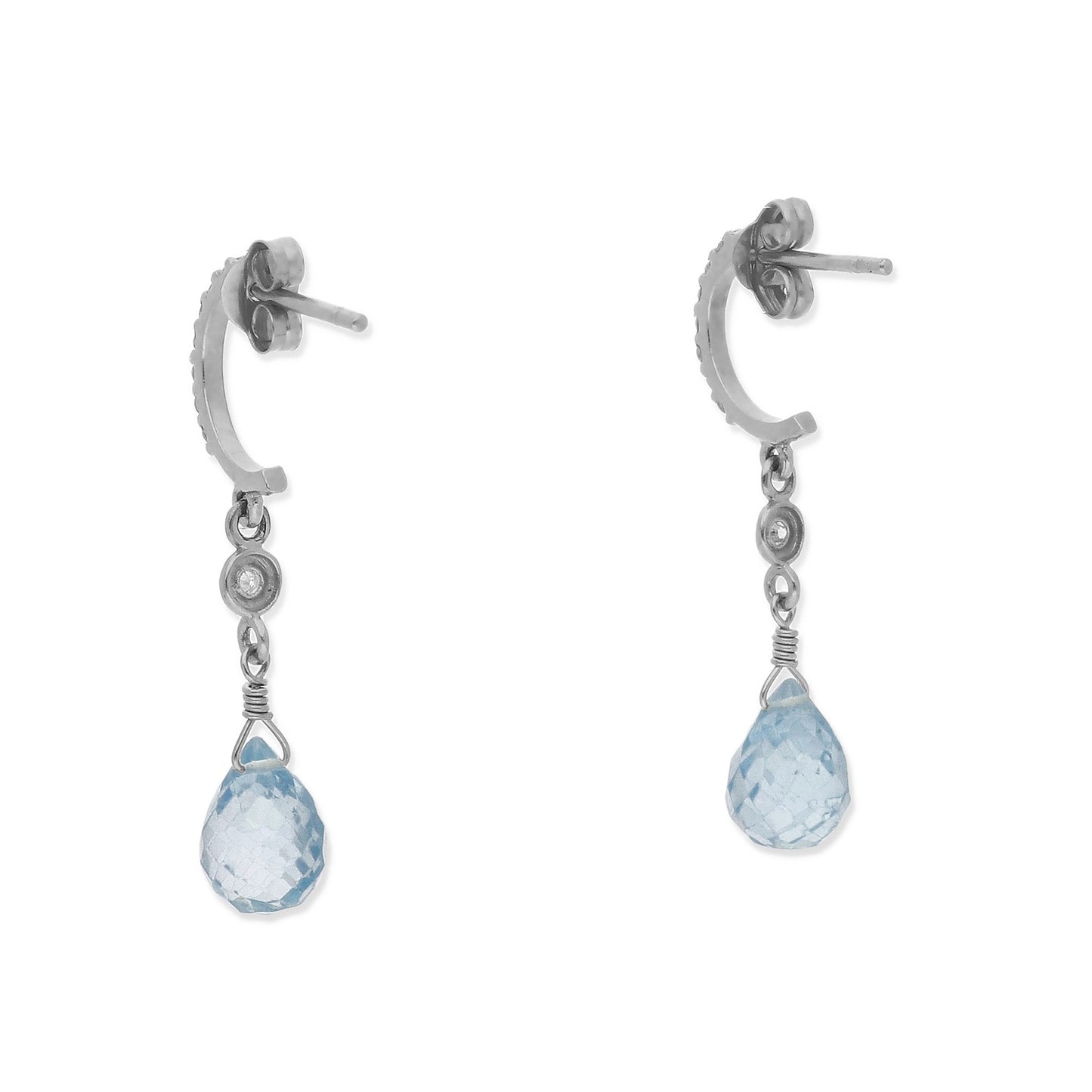 Pendientes Diletto en Oro Blanco 18K con Topacio Azul Facetado y Medio Aro de Diamantes