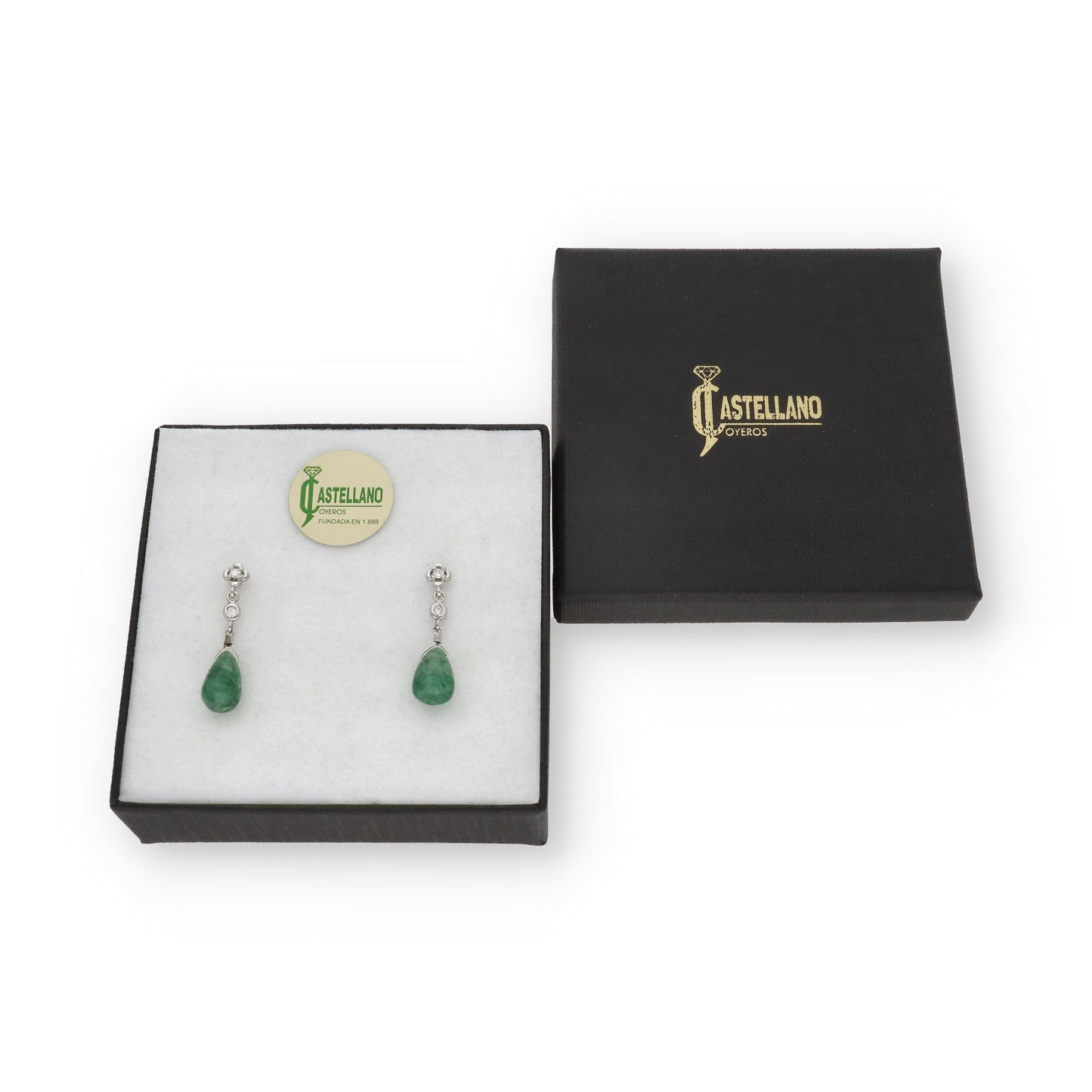Pendientes Lunaria en Oro Blanco 18K con Diamantes en Flor y Esmeraldas
