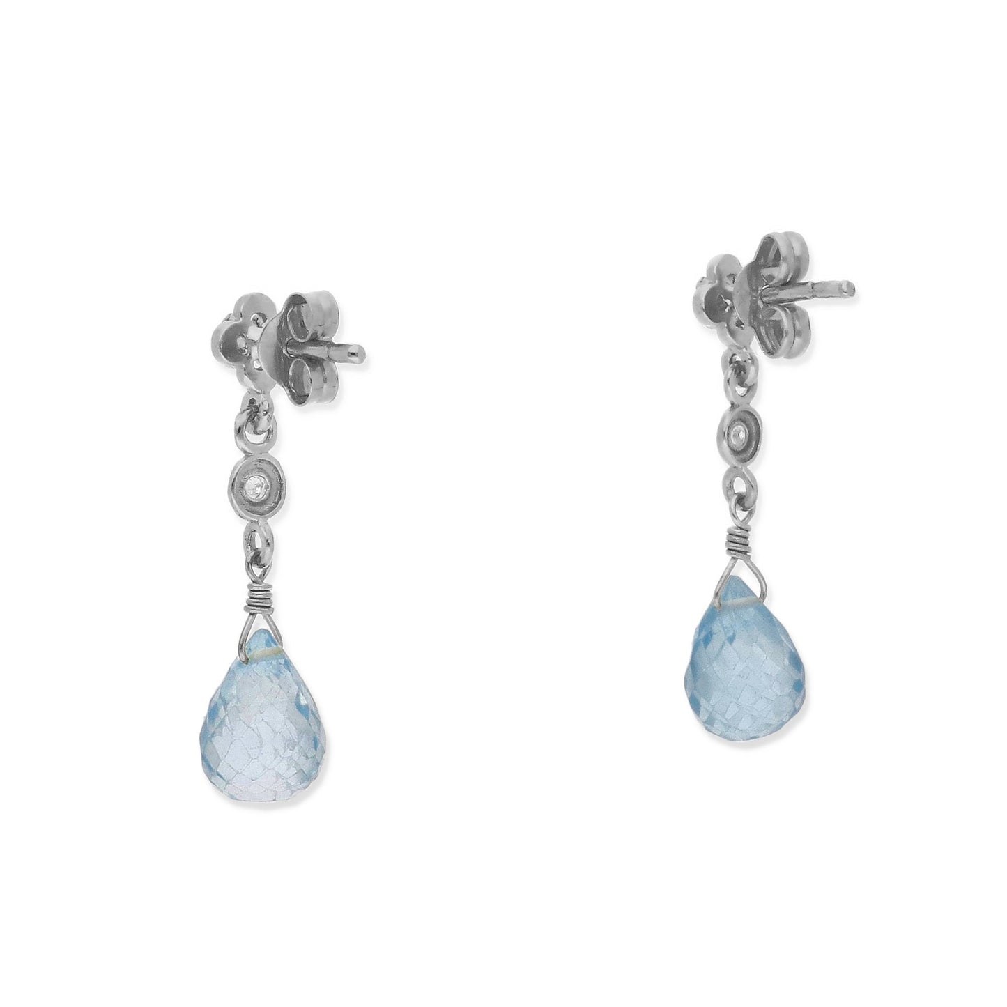 Pendientes Lunaria en Oro Blanco 18K con Diamantes en Flor y Topacios Azules Facetados