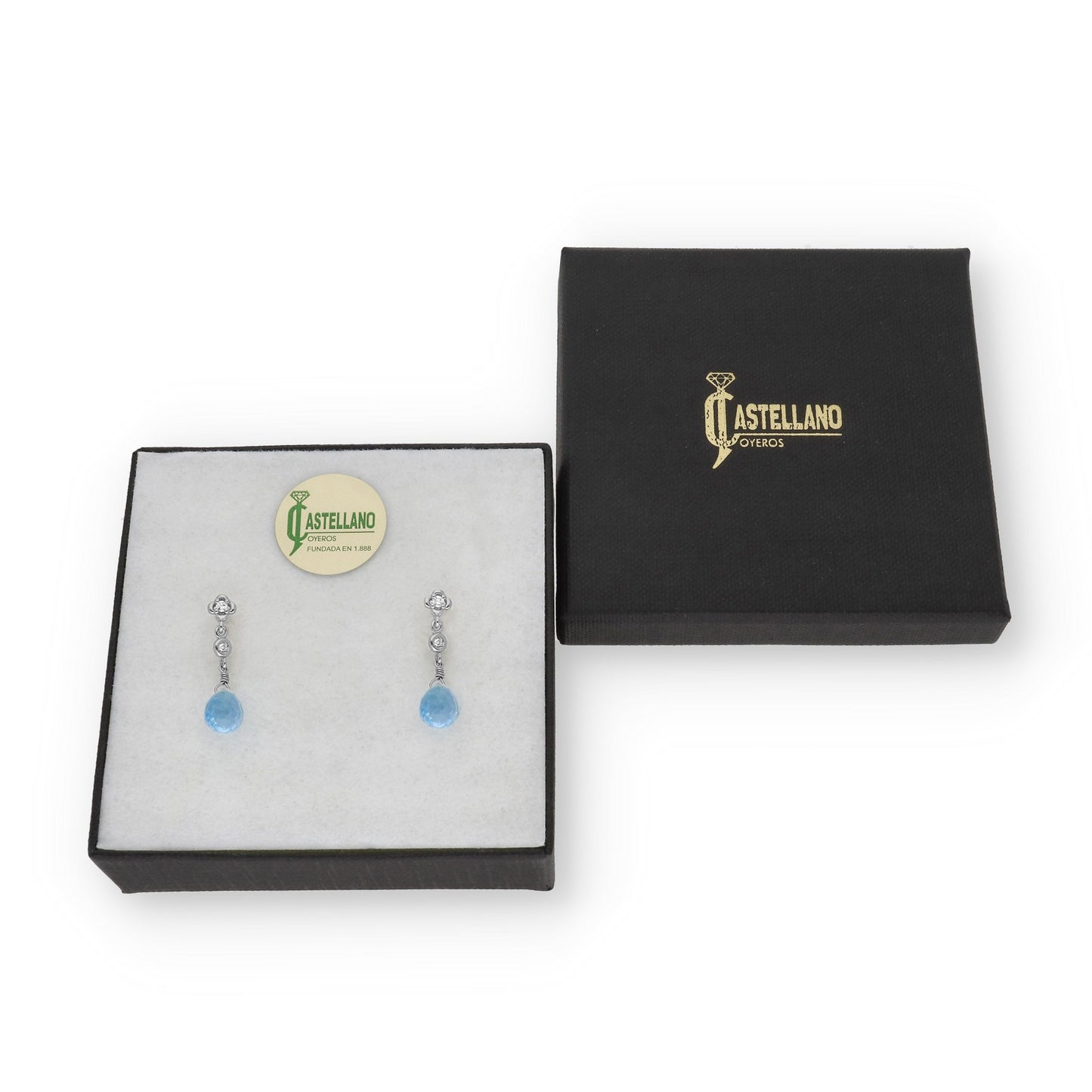 Pendientes Lunaria en Oro Blanco 18K con Diamantes en Flor y Topacios Azules Facetados
