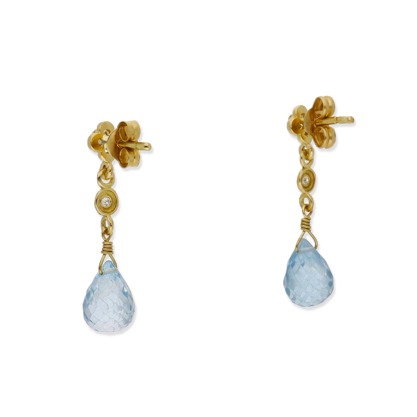 Pendientes Lunaria en Oro 18K con Diamantes en Flor y Topacios Azules Facetados