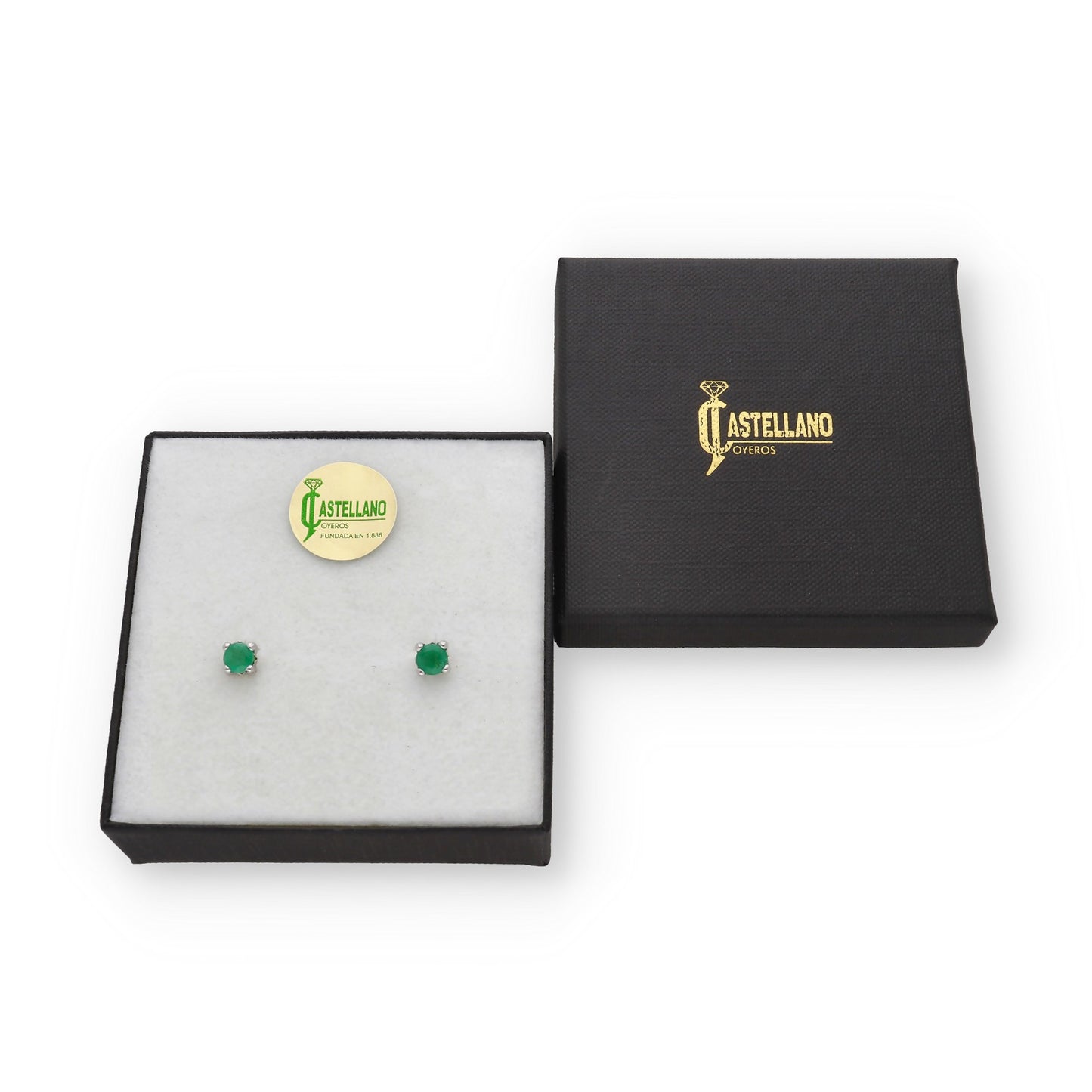 Pendientes de Botón en Oro Blanco 18K con Esmeralda 4mm