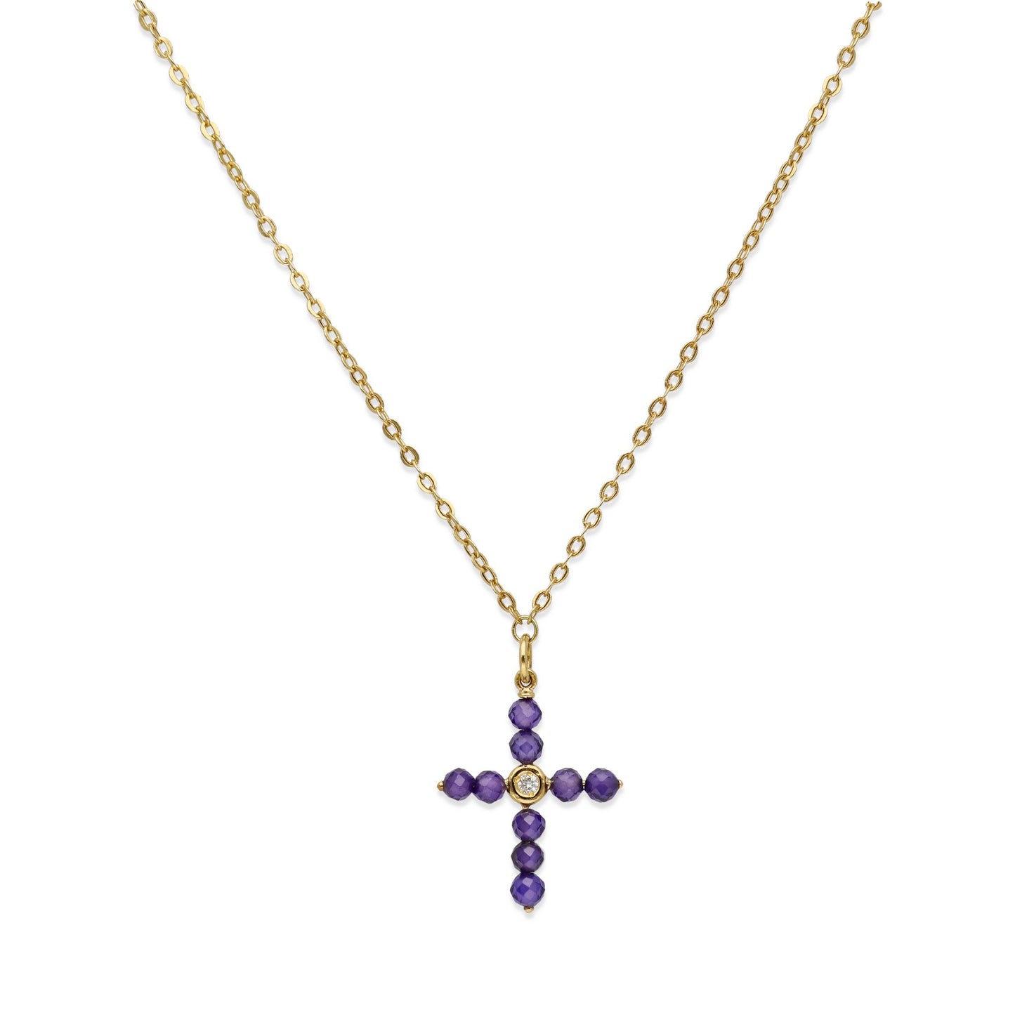 Colgante Cruz en Oro de Ley 18K con Tanzanitas y Diamante Central