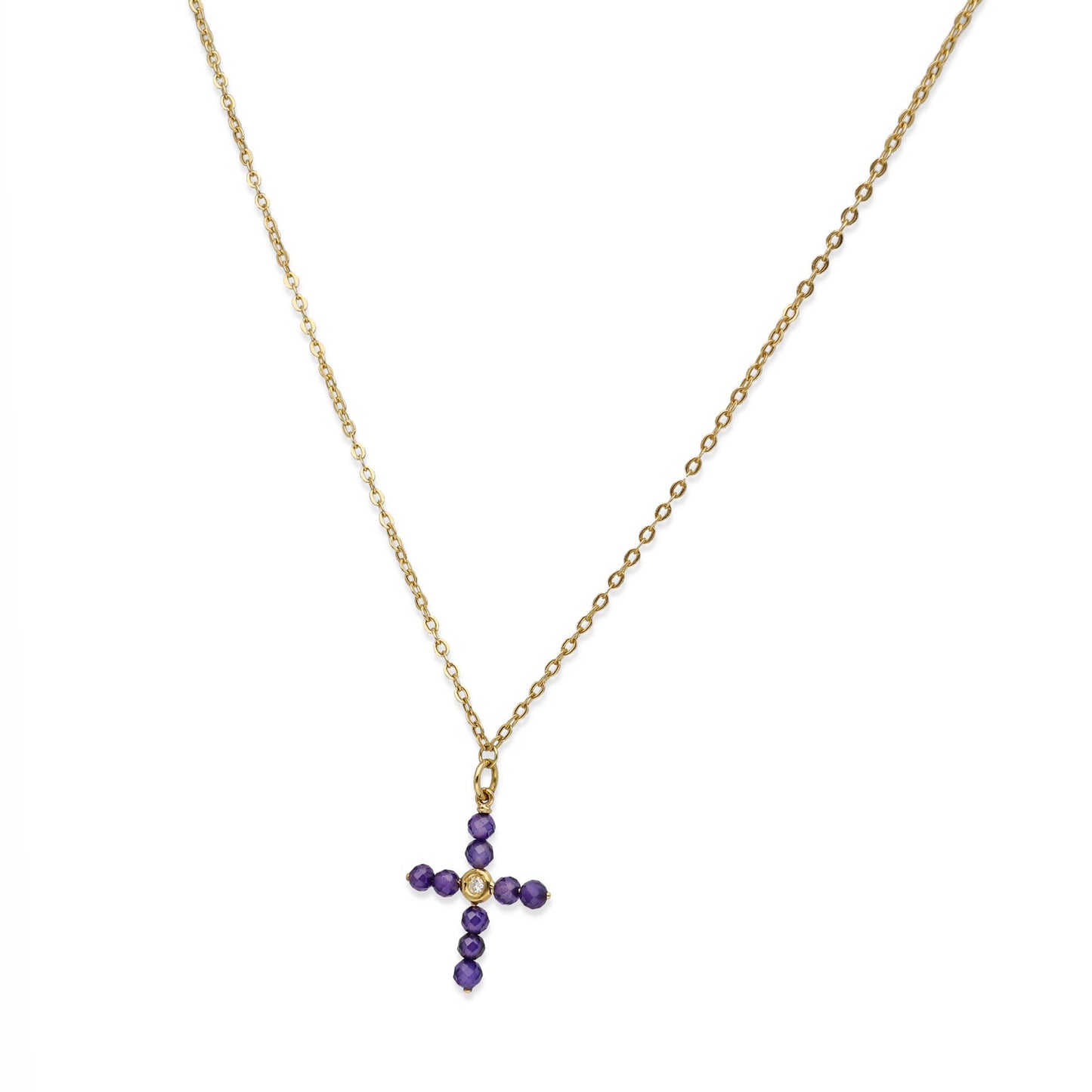 Colgante Cruz en Oro de Ley 18K con Tanzanitas y Diamante Central