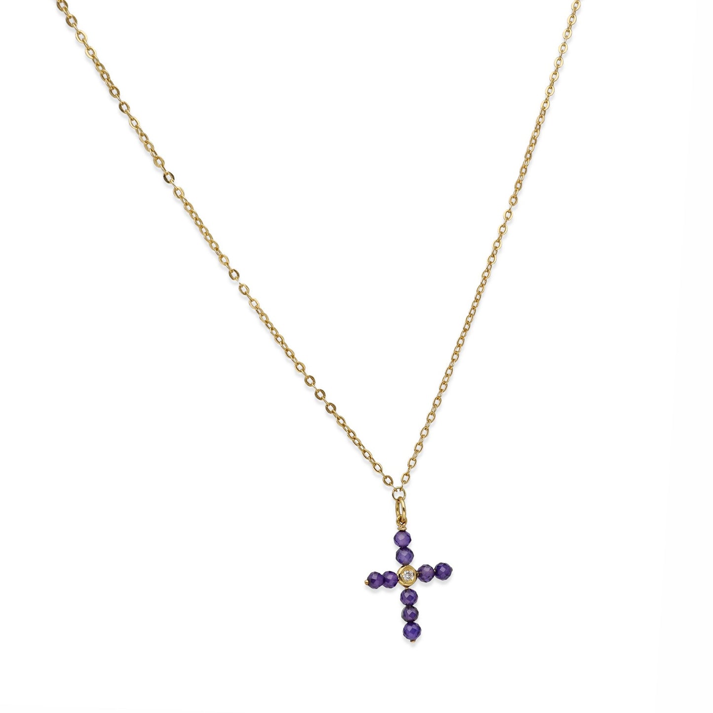Colgante Cruz en Oro de Ley 18K con Tanzanitas y Diamante Central