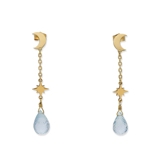 Pendientes Sera con Luna y Estrella en Oro de Ley 18K y Topacio Azul Facetado