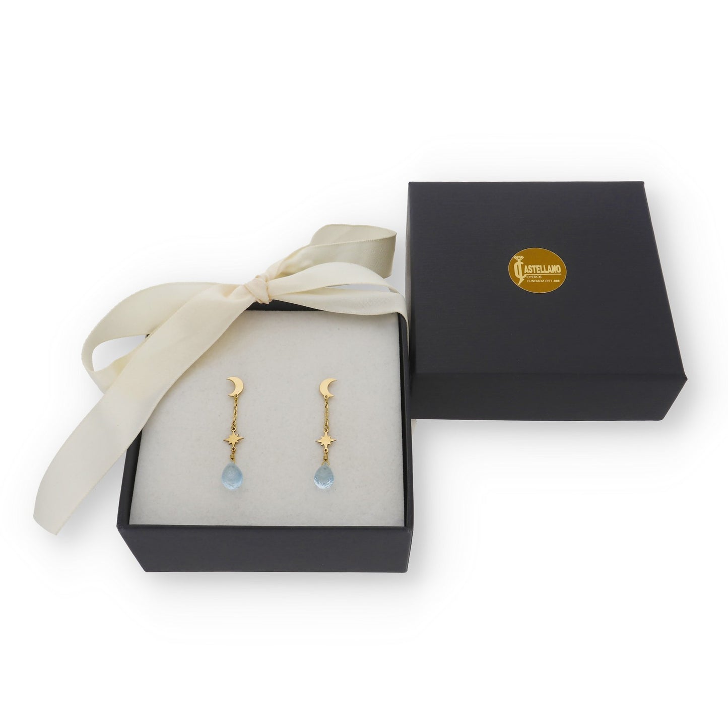 Pendientes Sera con Luna y Estrella en Oro de Ley 18K y Topacio Azul Facetado