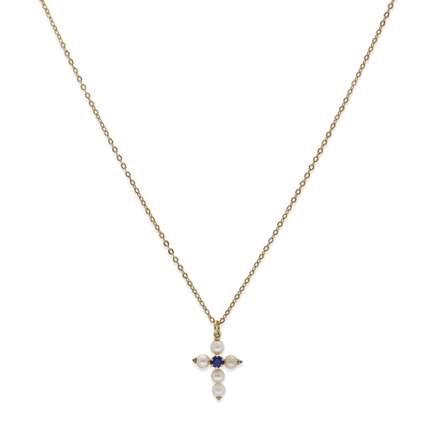 Collar con Colgante "Mi Primera Comunión" en Oro 18k con Perlas y Zafiro Diseño de Cruz