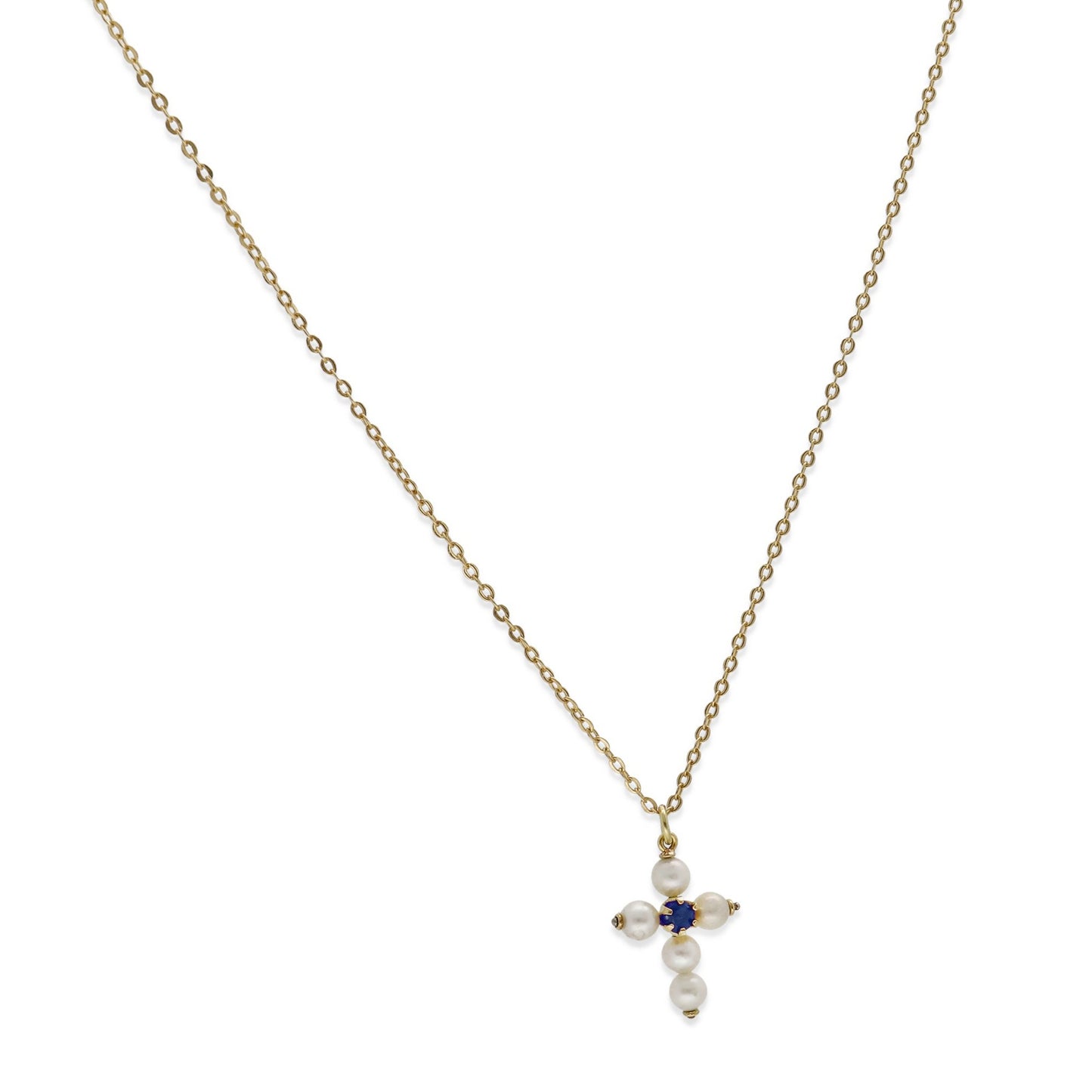 Collar con Colgante "Mi Primera Comunión" en Oro 18k con Perlas y Zafiro Diseño de Cruz