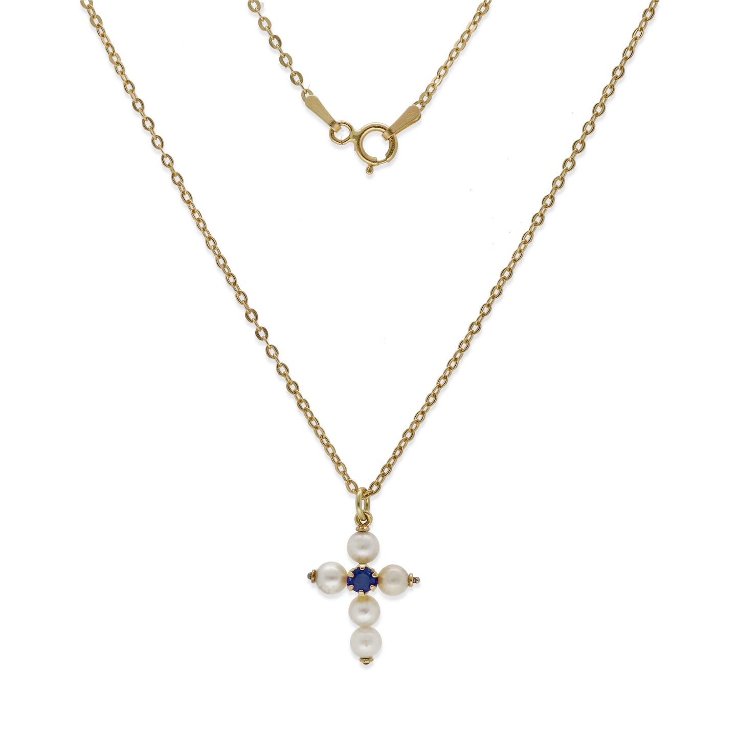 Collar con Colgante "Mi Primera Comunión" en Oro 18k con Perlas y Zafiro Diseño de Cruz