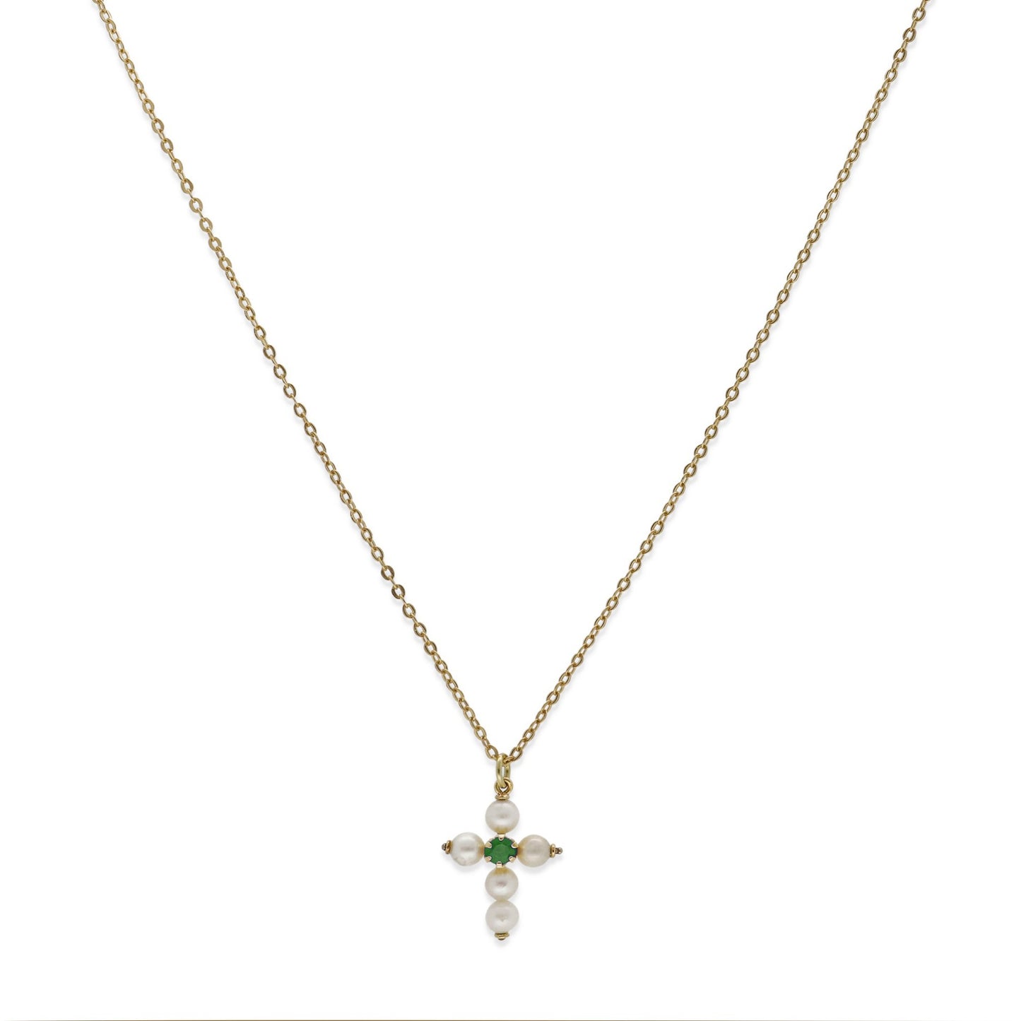 Collar con Colgante "Mi Primera Comunión" en Oro 18k con Perlas y Esmeralda Diseño de Cruz