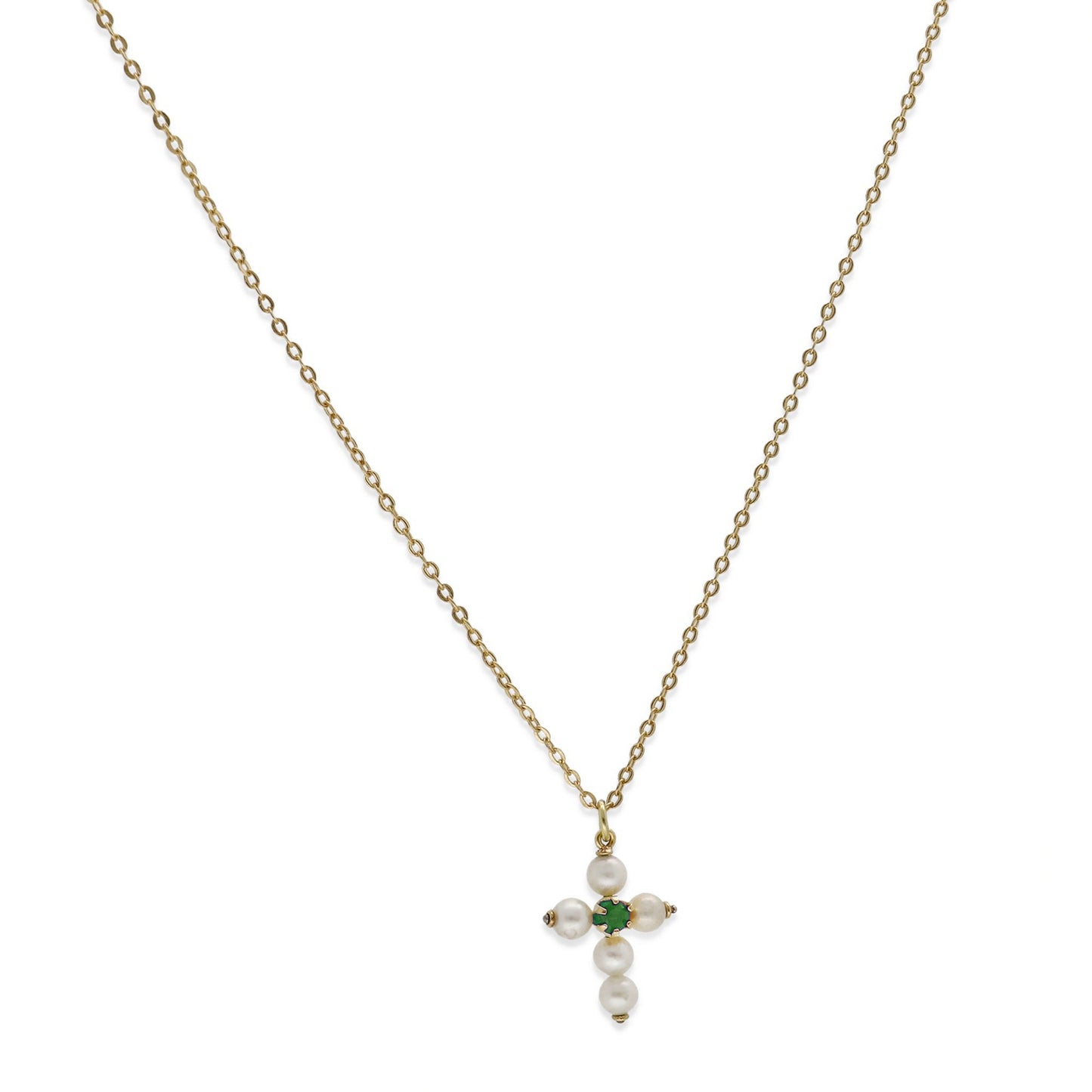 Collar con Colgante "Mi Primera Comunión" en Oro 18k con Perlas y Esmeralda Diseño de Cruz