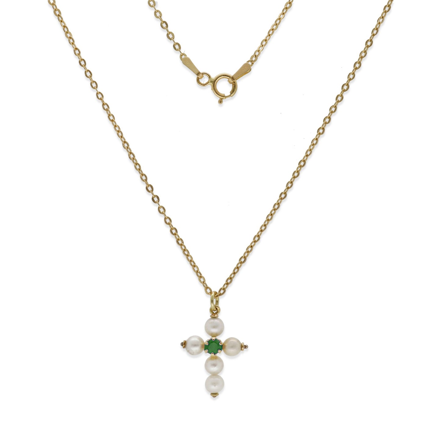 Collar con Colgante "Mi Primera Comunión" en Oro 18k con Perlas y Esmeralda Diseño de Cruz