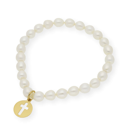 Pulsera de Comunión en Plata de Ley 925 y Perlas con Dije de Cruz