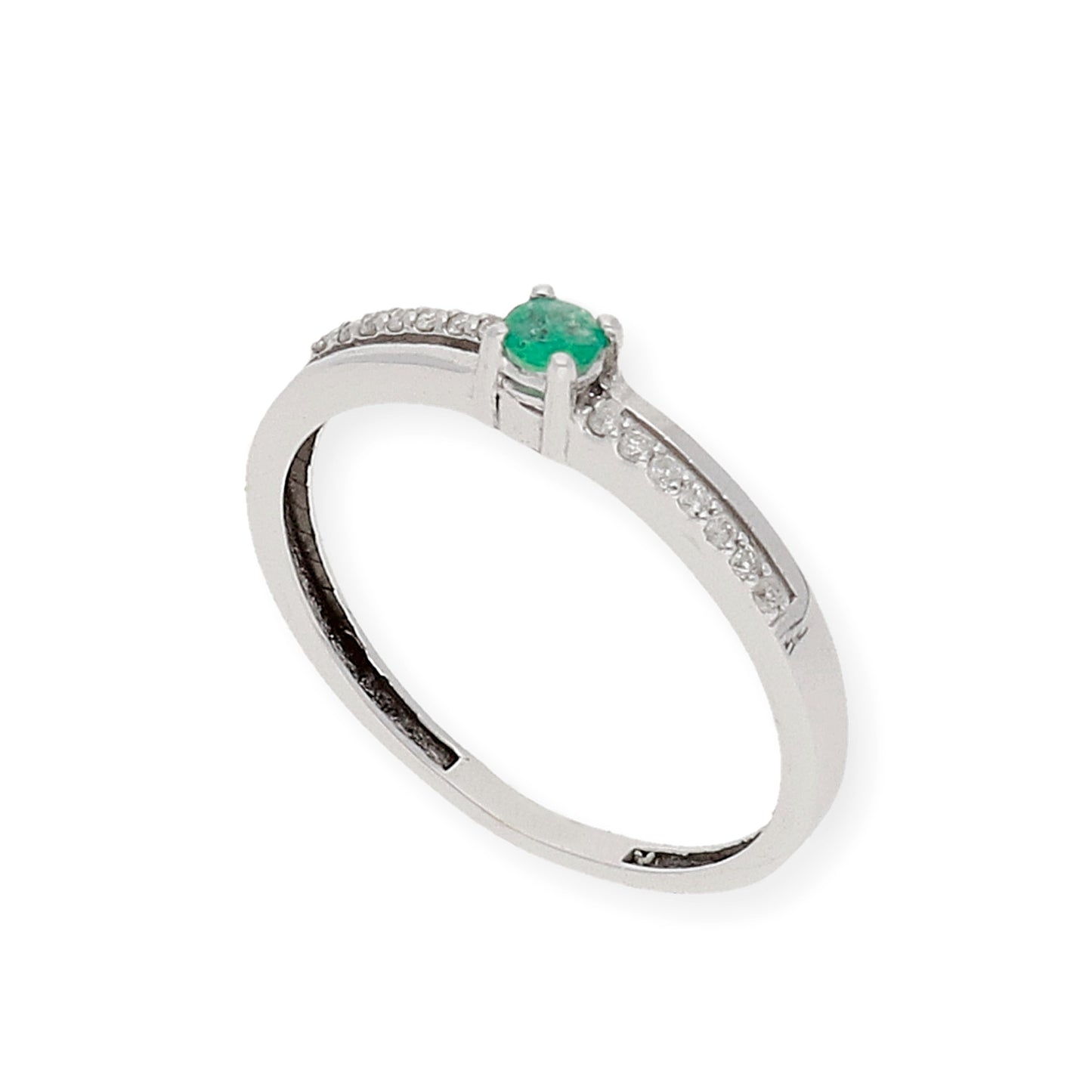 Anillo Corona en Oro Blanco 18K con Diamantes y Esmeralda