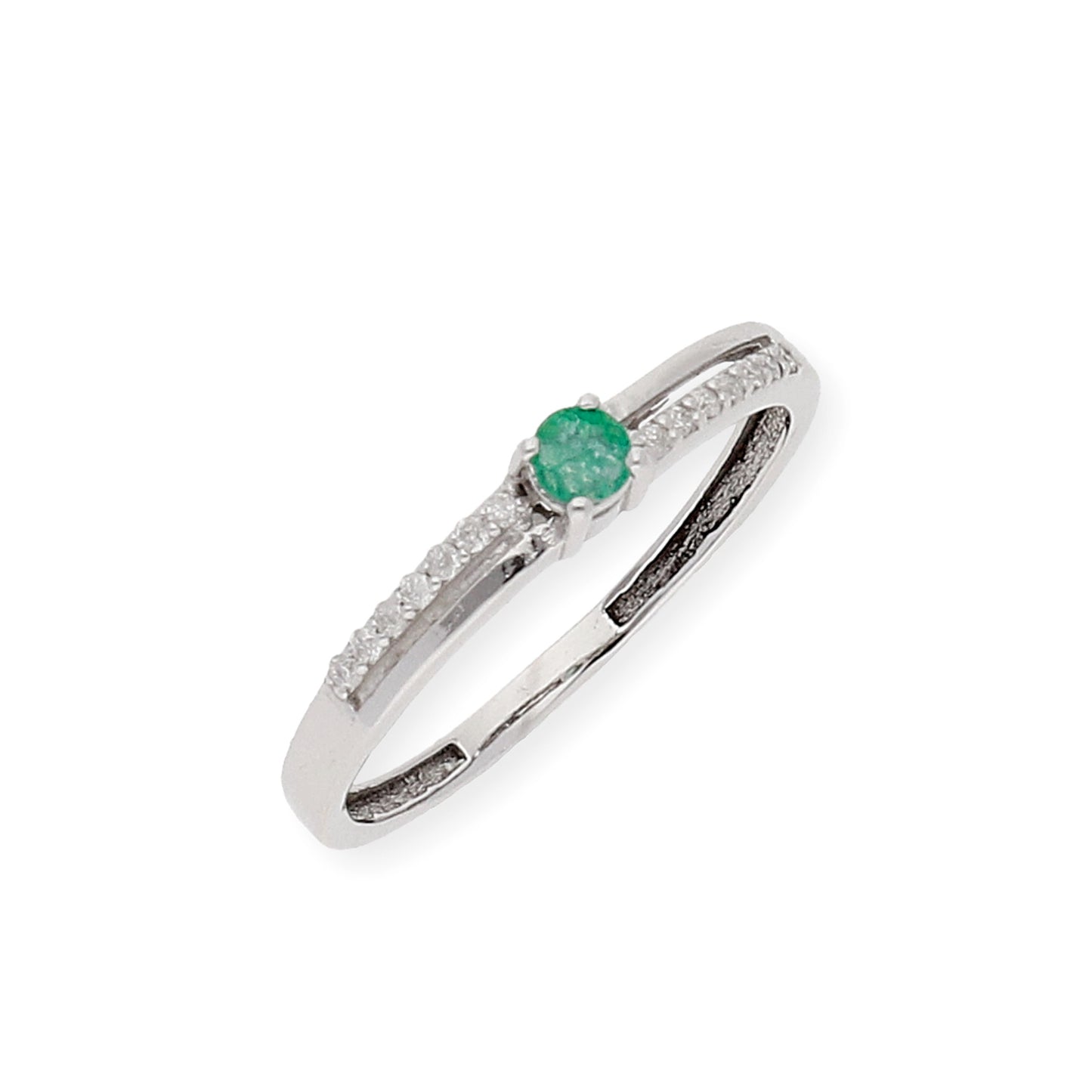 Anillo Corona en Oro Blanco 18K con Diamantes y Esmeralda